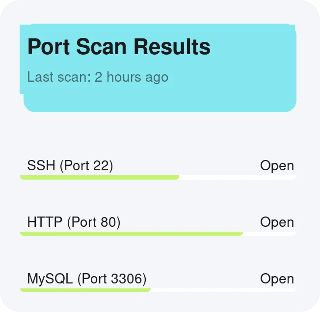 FortWatch infrastructure port scan showing SSH HTTP and MySQL open ports